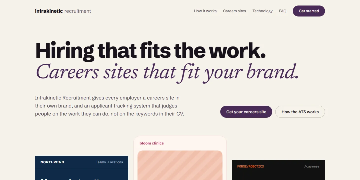careers.infrakinetic.in: “Hiring that fits the work. Careers sites that fit your brand.” with examples of employer-branded careers pages.