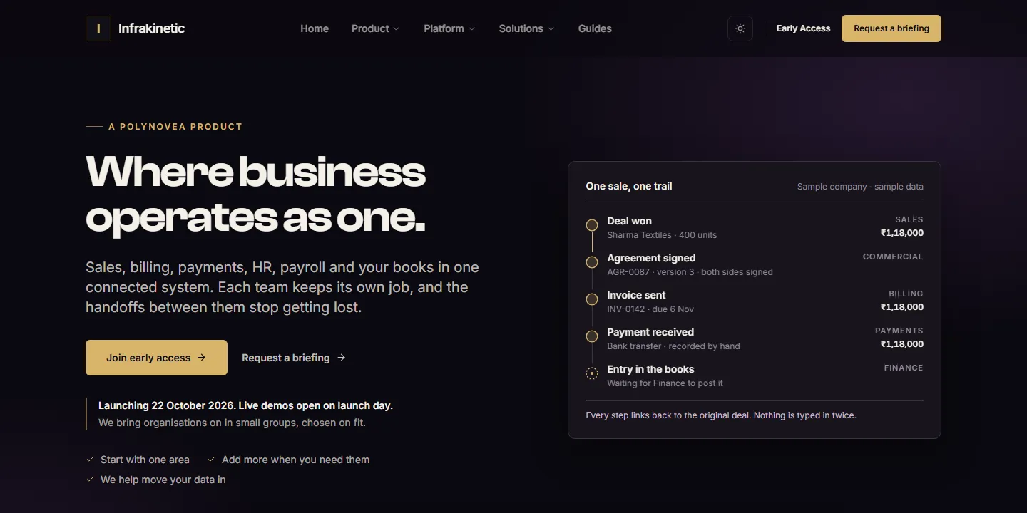 infrakinetic.in home page: “Where business operates as one.” with an early-access call to action and a sample deal-to-ledger trail.